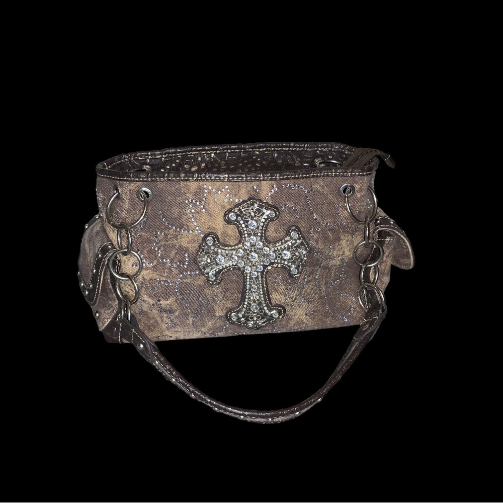 Rustic Couture Y2K Western Rodeo Cross Charm Burnt Wash Fabric/ Leather, handBag